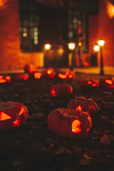 A carved pumpkin illuminated from within, sitting on the edge of a quiet neighborhood street at dusk.