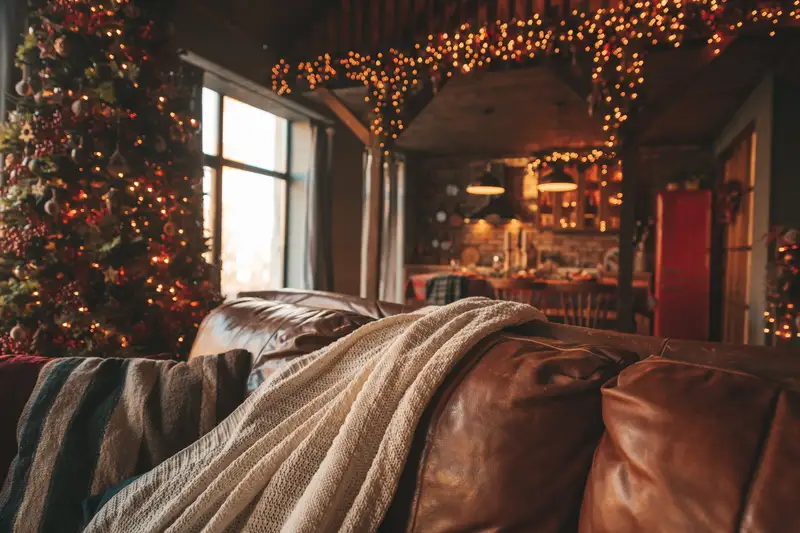 Cozy living room with soft holiday lights illuminating a mantel, creating a warm and inviting space to promote relaxation and better sleep